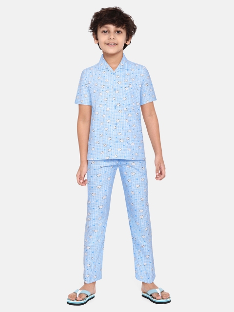 

NAUTI KIDZ Boys Blue & White Cotton Printed Checked Pyjamas Set