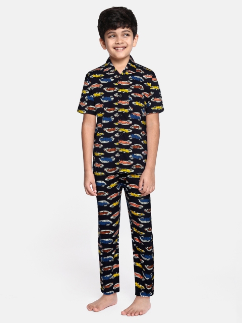 

NAUTI KIDZ Boys Navy Blue & Yellow Cotton Car Print Pyjamas Set