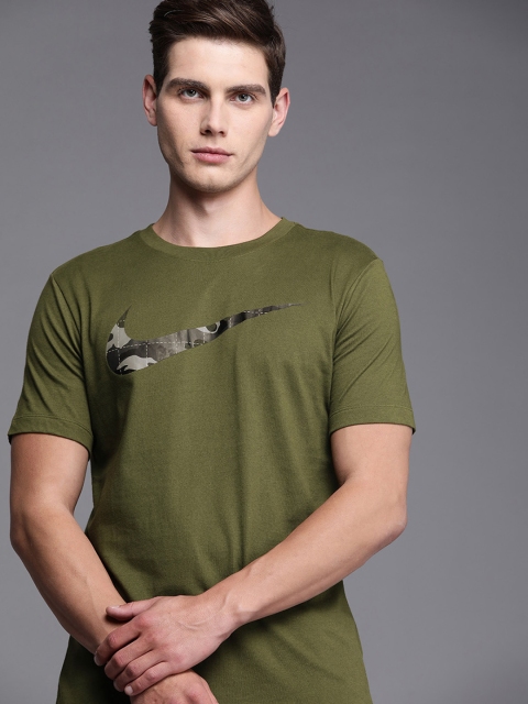 

Nike Men Olive Green Brand Logo Printed Dri-FIT CAMO FILL Training T-shirt