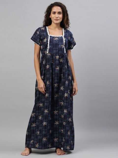 

TRUNDZ Women Navy Blue Floral Printed Organic Cotton Maxi Night dress