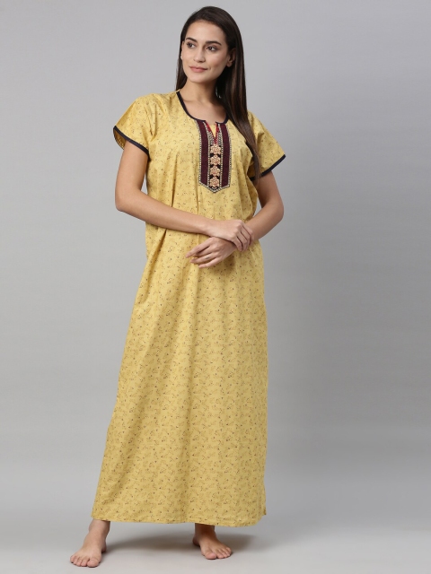 

TRUNDZ Women Yellow Printed Maxi Organic Cotton Night dress
