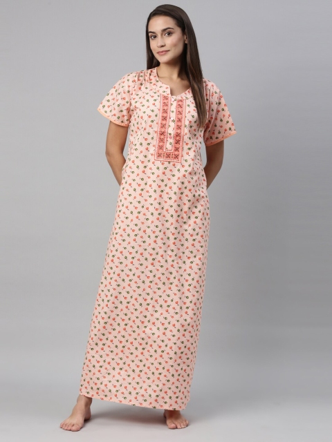 

TRUNDZ Women Orange Floral Printed Organic Cotton Maxi Night dress