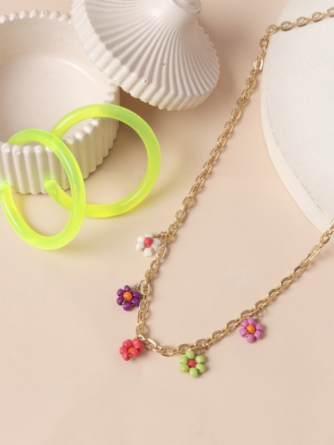 

ToniQ Women Gold-Toned & Fluorescent Green Floral Jewellery Set