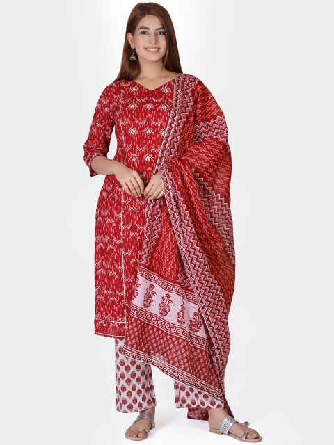 

Do Dhaage Women Red Printed Mirror Work Pure Cotton Kurta & Trousers With Dupatta