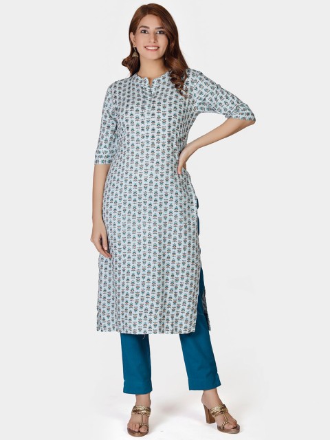 

Do Dhaage Women Blue Printed Mirror Work Kurta with Trousers