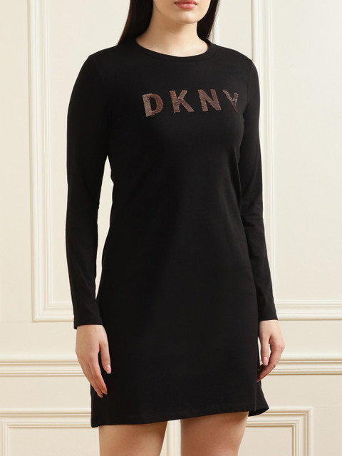 

DKNY Women Black Sequinned Brand Logo Sheath Dress