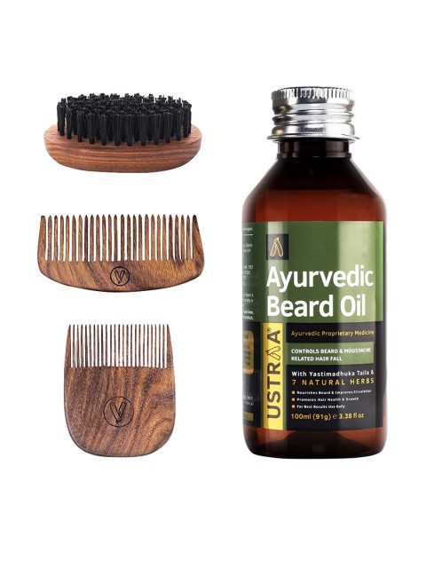 

Ustraa Set of 4 Ayurvedic Beard Oil & Beard Comb, Brown