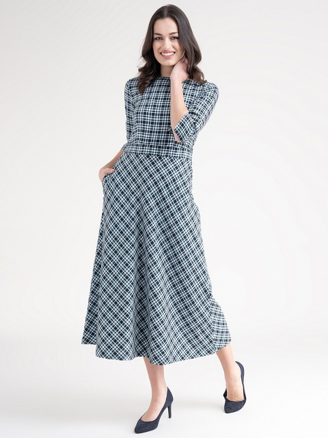 

FableStreet Blue & White Checked Cotton A-Line Midi Dress