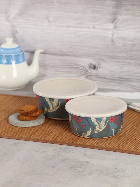 

India Circus by Krsnaa Mehta Set Of 2 Green & Off-White Printed Bamboo Food Containers