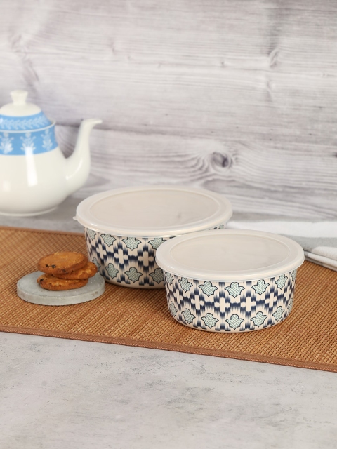 

India Circus by Krsnaa Mehta Set Of 2 White & Blue Printed Bamboo Food Containers