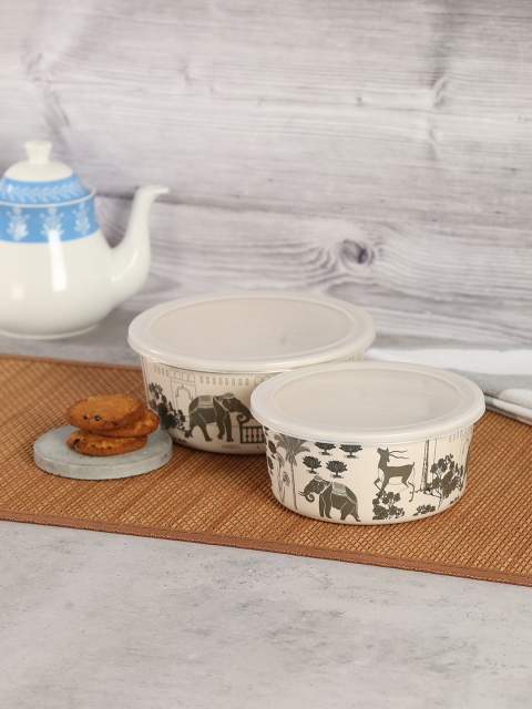 

India Circus by Krsnaa Mehta Set Of 2 Beige & Black Printed Bamboo Food Containers