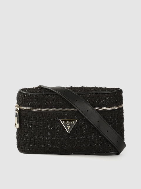 

GUESS Women Black Checked Woven Design Fanny Pack with Dangler Detail Non-Detachable Strap