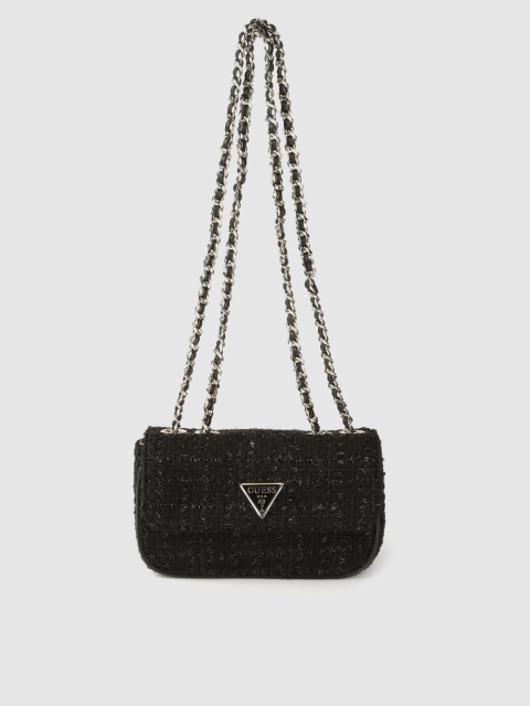 

GUESS Black Checked Woven Design Structured Shoulder Bag