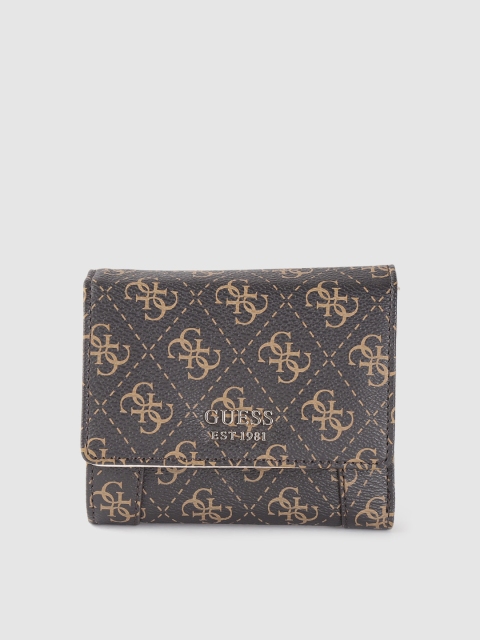 

GUESS Women Coffee Brown & Beige Checked Brand Logo Print Three Fold Wallet