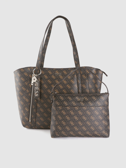 

GUESS Women Coffee Brown Brand Logo Print Structured Shoulder Bag with Pouch