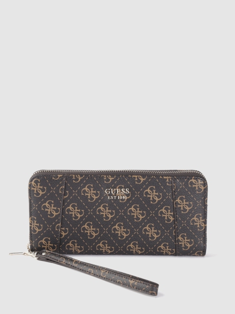 

GUESS Women Coffee Brown & Beige Brand Logo Print Zip Around Wallet