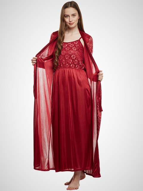 

Claura Maroon Satin Maxi Nightdress With Robe