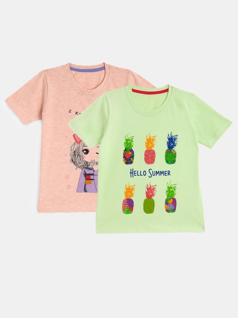 

YK Set Of 2 Girls Peach-Coloured & Pink Printed T-shirt