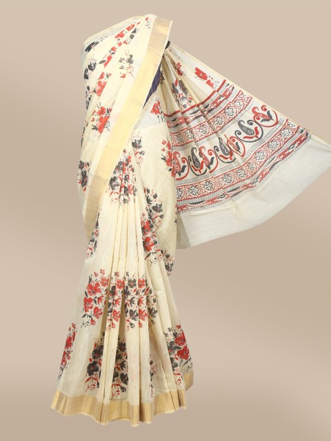 

The Chennai Silks Beige & Red Floral Zari Pure Cotton Fusion Chanderi Saree