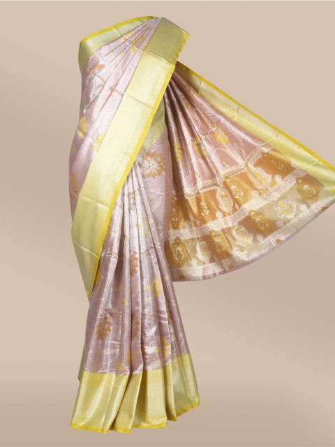 

The Chennai Silks Silver-Toned & Yellow Floral Zari Organza Fusion Saree