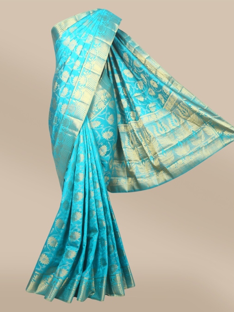 

The Chennai Silks Blue & Gold-Toned Woven Design Zari Jute Cotton Fusion Saree