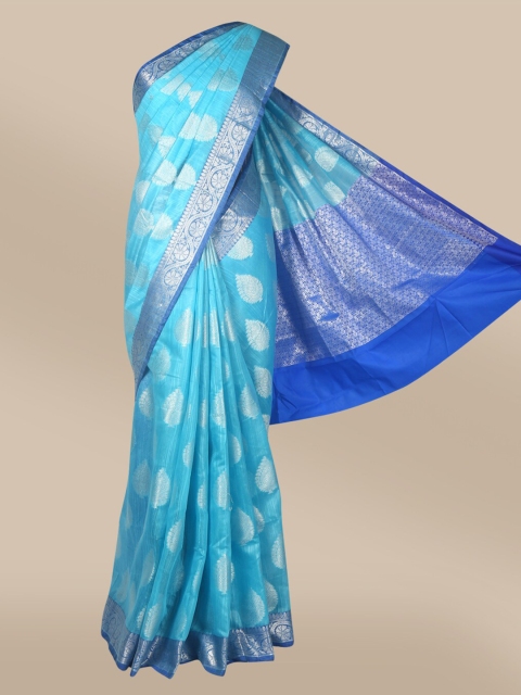 

The Chennai Silks Blue & Silver-Toned Ethnic Motifs Zari Tissue Saree
