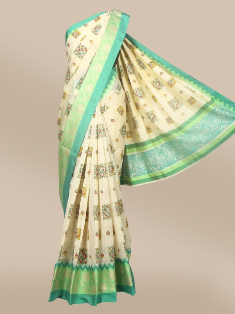 

The Chennai Silks Beige & Green Ethnic Motifs Pure Cotton Chanderi Saree