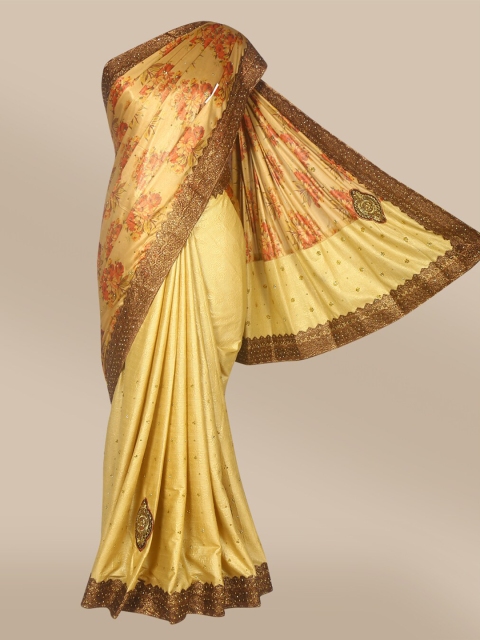 

The Chennai Silks Beige & Gold-Toned Floral Beads and Stones Saree