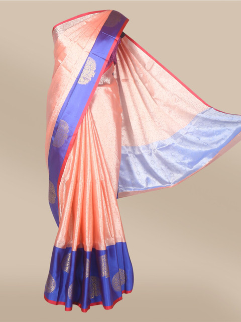 

The Chennai Silks Peach-Coloured & Blue Ethnic Motifs Zari Organza Saree