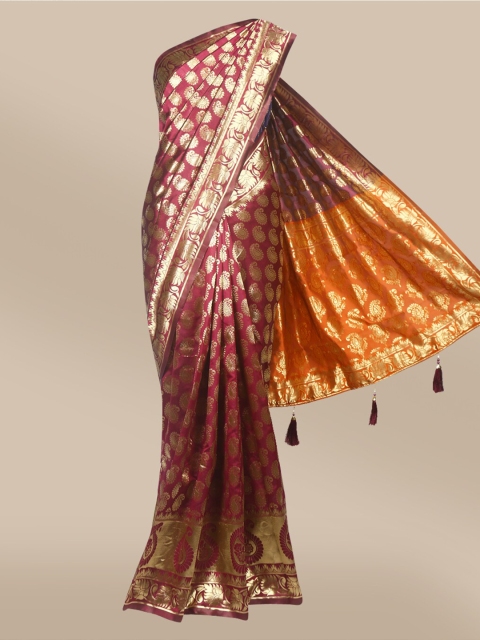 

The Chennai Silks Maroon & Gold-Toned Floral Zari Art Silk Fusion Banarasi Saree