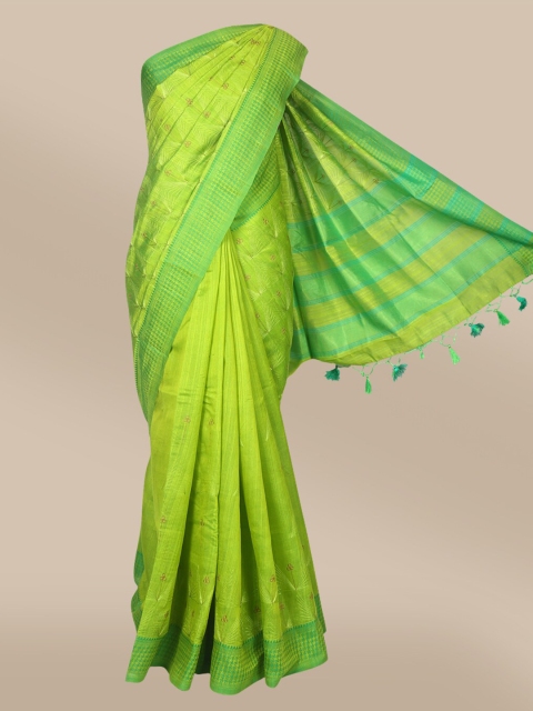 

The Chennai Silks Green & Gold-Toned Floral Embroidered Jute Cotton Fusion Saree