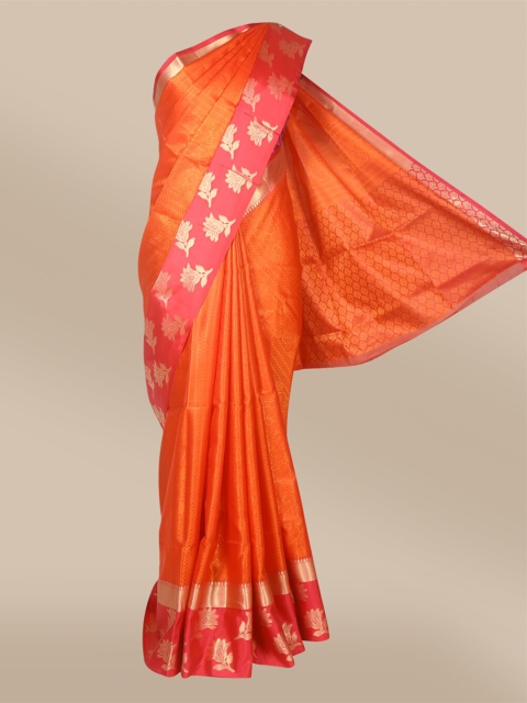 

The Chennai Silks Coral & Gold-Toned Floral Zari Organza Fusion Saree