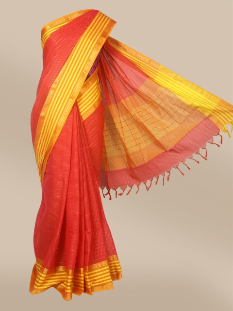 

The Chennai Silks Red & Yellow Striped Zari Pure Cotton Fusion Saree