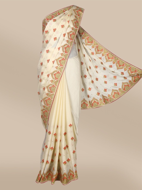 

The Chennai Silks Beige & Red Floral Beads and Stones Saree