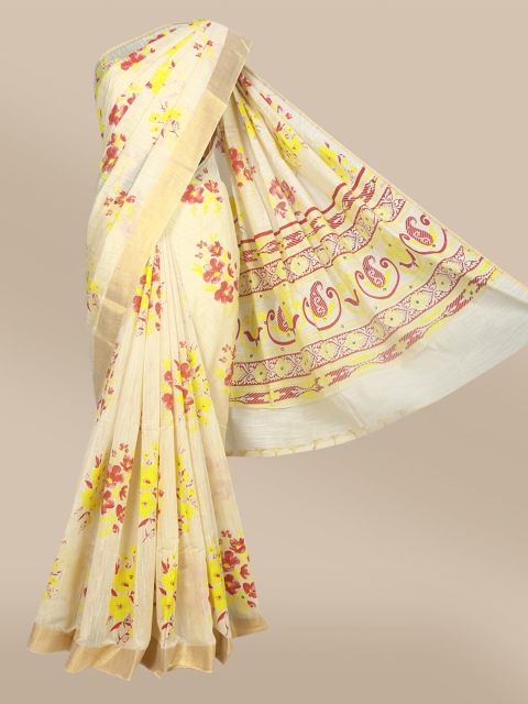 

The Chennai Silks Beige & Pink Floral Zari Pure Cotton Fusion Chanderi Saree
