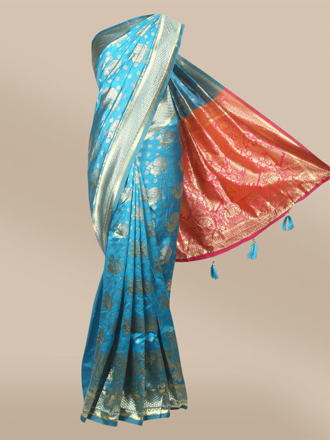 

The Chennai Silks Blue & Silver-Toned Woven Design Zari Art Silk Banarasi Saree