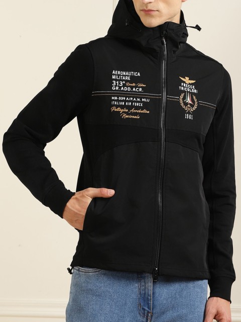 

Aeronautica Militare Men Black & White Printed Water Resistant Bomber Jacket