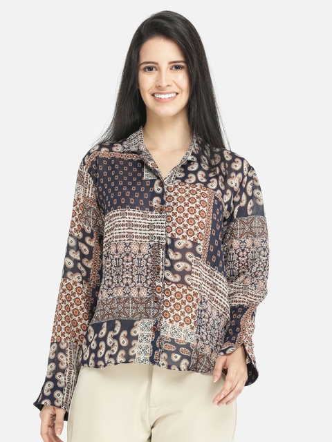 

DECHEN Women Brown & Orange Printed Casual Shirt