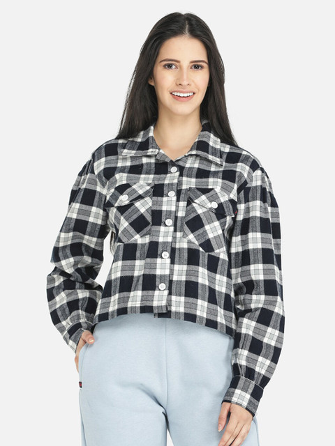 

DECHEN Women Navy Blue Standard Checked Cottswool Cropped Winter Shirt