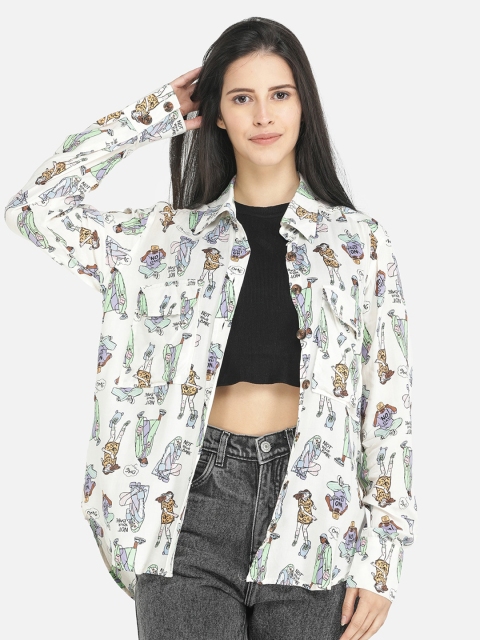 

DECHEN Women White & Green Relaxed Fit Printed Casual Shirt
