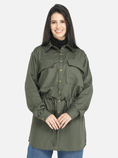 

DECHEN Women Olive Green Longline Casual Shirt