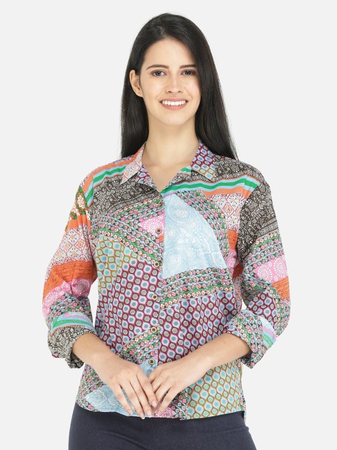 

DECHEN Women Green & Blue Standard Printed Cotton Casual Shirt