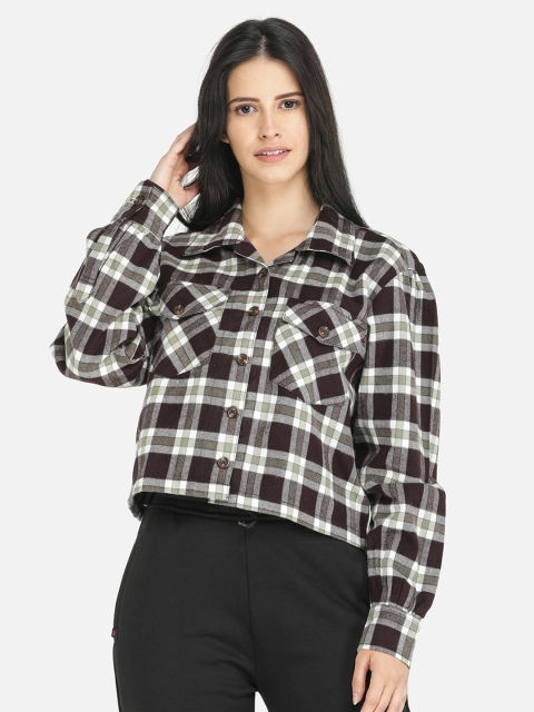 

DECHEN Women Brown Standard Tartan Checked Cottswool Cropped Winter Shirt