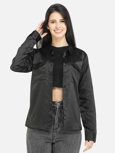 

DECHEN Women Black Classic Casual Satin Shirt