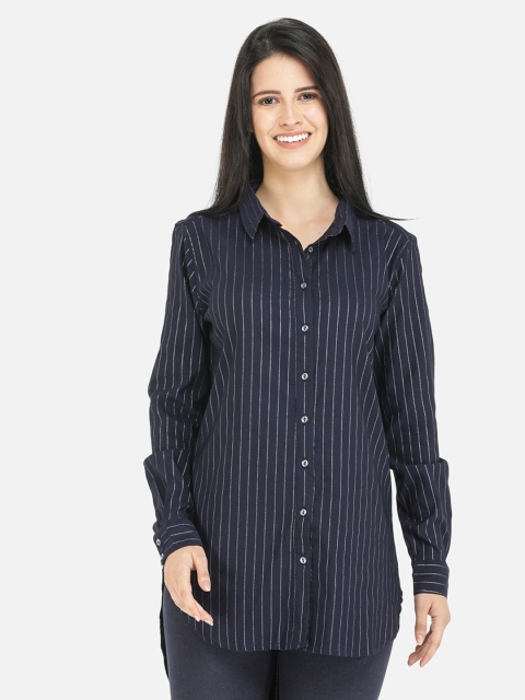 

DECHEN Women Navy Blue & Silver-Toned Comfort Striped Casual Shirt