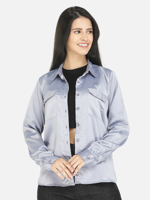 

DECHEN Women Grey Classic Casual Satin Shirt