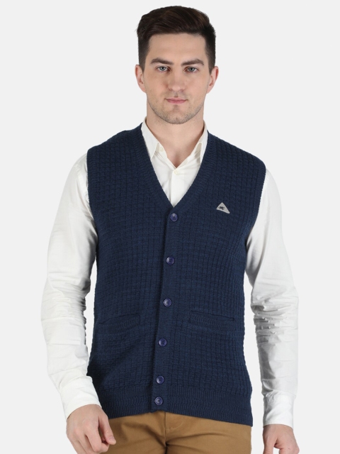 

Monte Carlo Men Blue Solid Pure Wool Self Design Sleeveless Open Front Cardigan