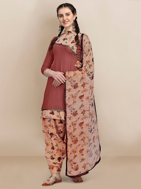

Ethnic Junction Brown & Peach-Coloured Printed Unstitched Dress Material
