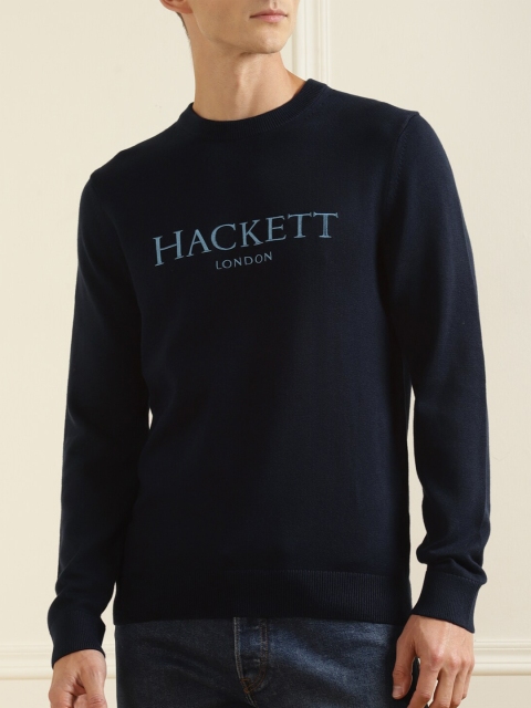 

HACKETT LONDON Men Navy Blue Typography Printed Pure Cotton Pullover