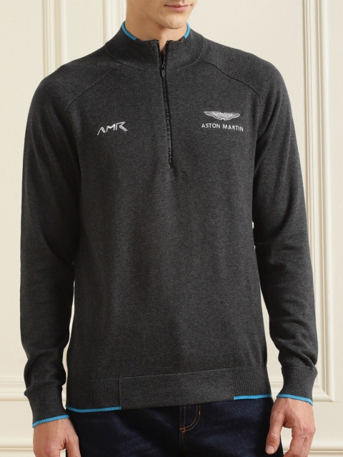 

HACKETT LONDON Men Charcoal & White Embroidered Half Zip Pullover